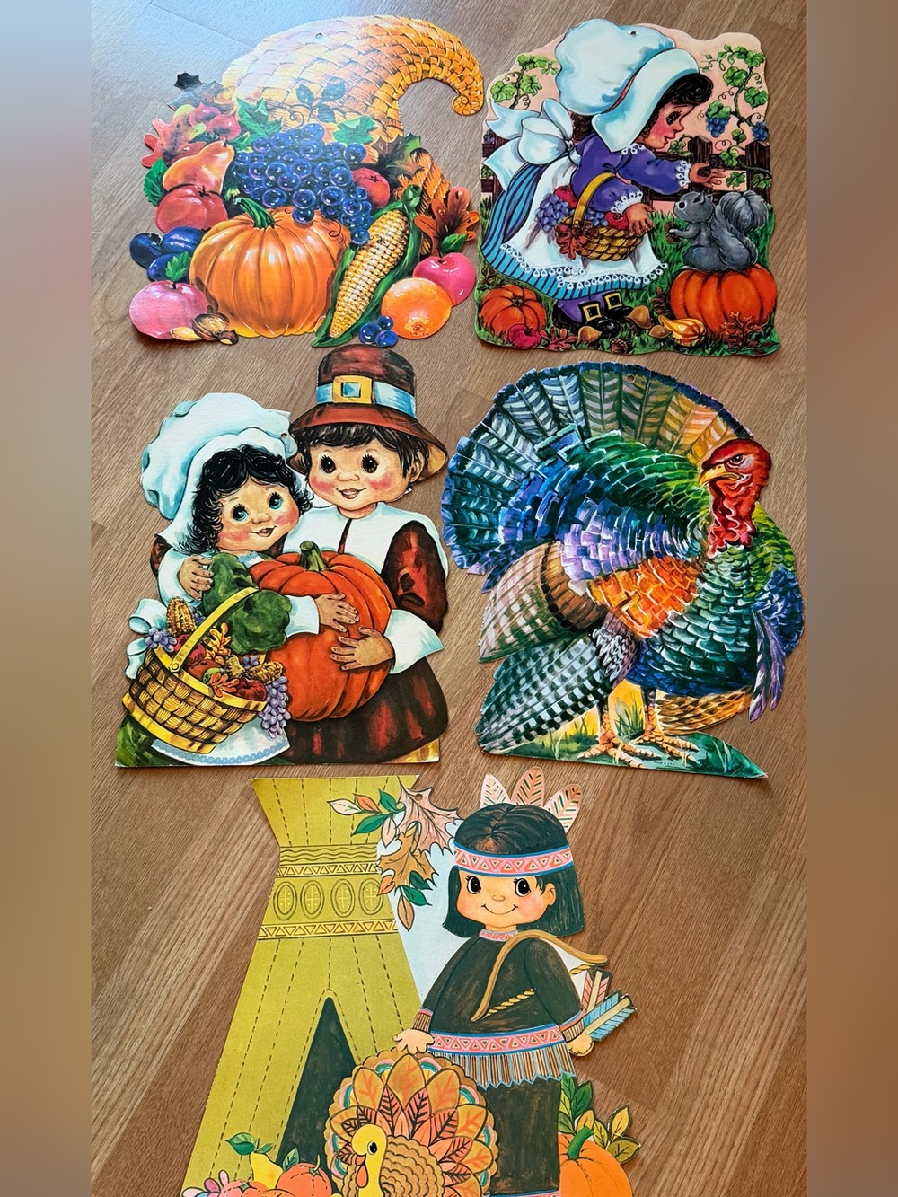 Vintage Thanksgiving Cut Outs, Girl Boy Pilgrim Turkey Indian Made In The USA